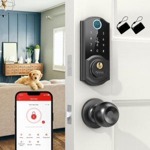 Keyless Entry Door Lock with Handle Set - SMONET Fingerprint Front Door Deadbolt Set with Knobs, Smart Digital Bluetooth Keypad Lockset with Auto Lock, APP, Fobs, Code for Rental, Home, Black